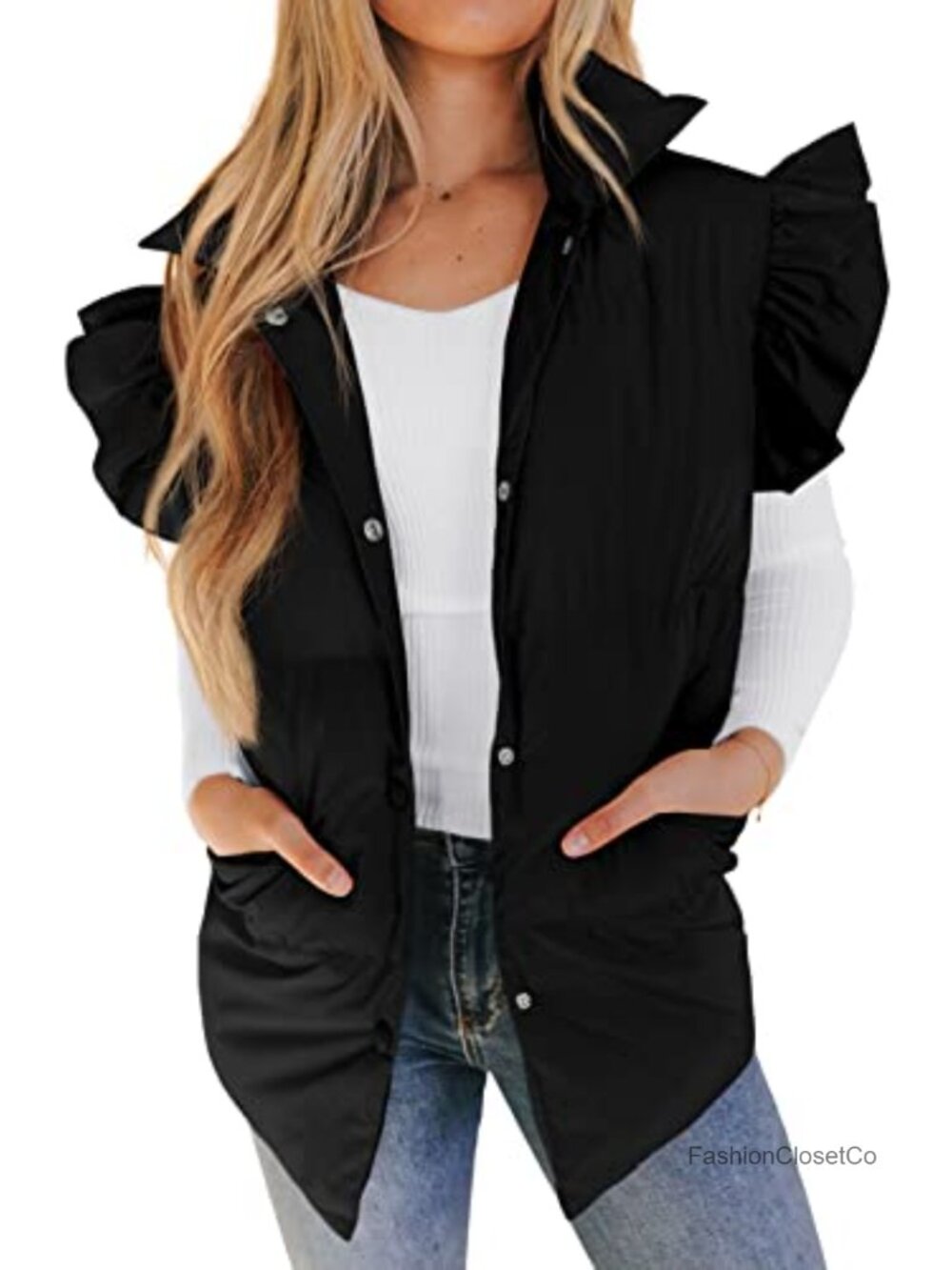 Ruffle Sleeve Puffer Vest Button Down Padded Gilet with Pockets
